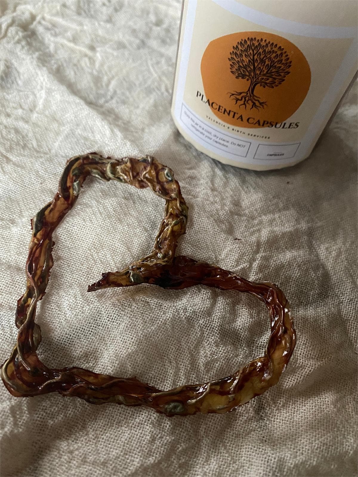 Placenta capsules beside a dried umbilical cord keepsake on muslin